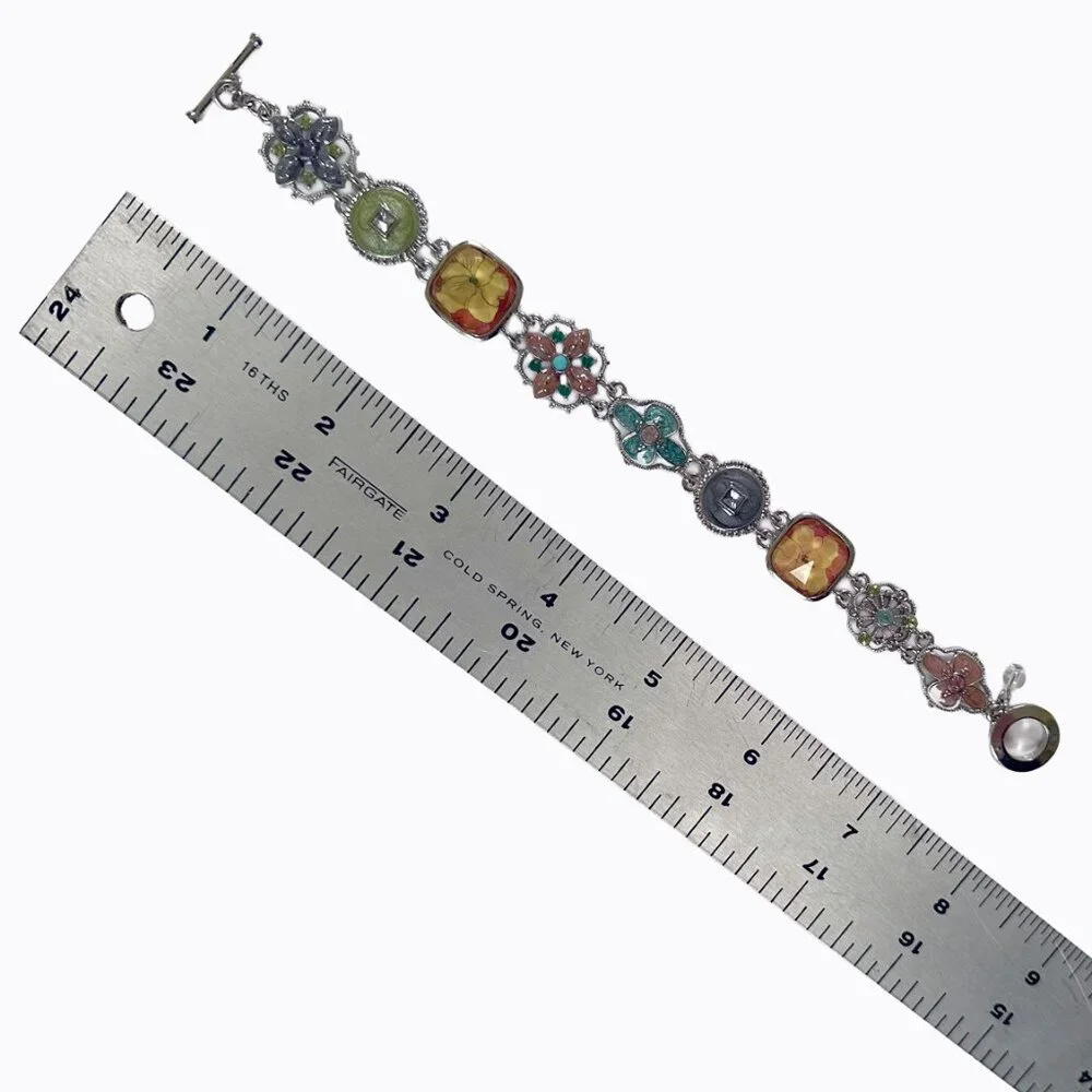 Vintage Napier Silver Multicolor Enamel Bracelet Floral Motif Toggle Retro Charm